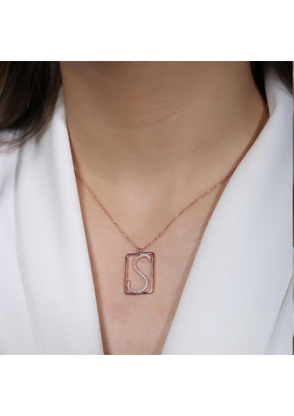 S Harfi Zirkon Taşlı Rose Gold Kaplama Çerçeveli Gümüş Kolye fiyatları