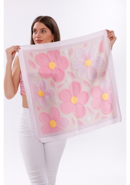 Pembe Rüya Çiçekleri Model Fular Bandana Şal Estascarf 70X70 cm