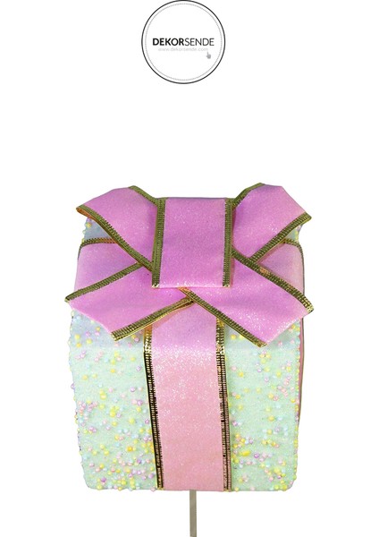 Yılbaşı Süsü Çubuklu Hediye Kutusu Yeşil Pembe 40 cm modelleri