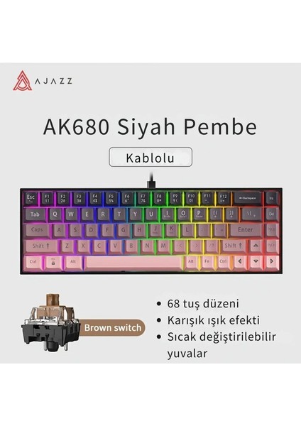 AK680 Kablolu %65 Boy Mekanik Oyuncu Klavyesi-Rainbow Aydınlatma Hot-Swap