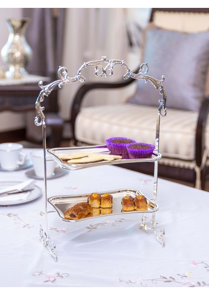 Gümüş Kapalama 2 Katlı Tepsili Sunumluk Dikdörtgen
