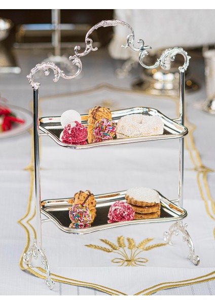 Gümüş Kapalama 2 Katlı Tepsili Sunumluk Dikdörtgen