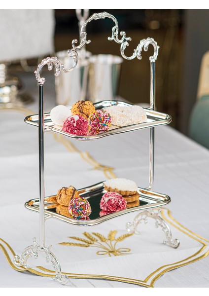 Gümüş Kapalama 2 Katlı Tepsili Sunumluk Dikdörtgen