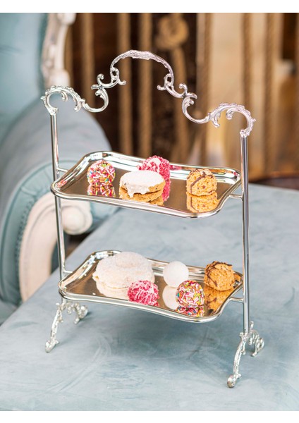 Gümüş Kapalama 2 Katlı Tepsili Sunumluk Dikdörtgen