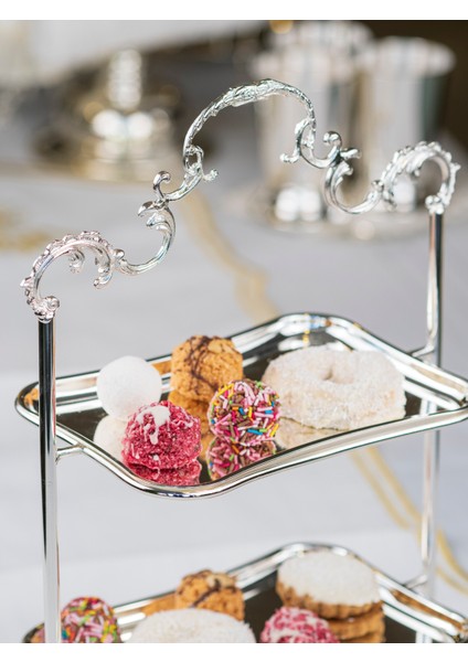 Gümüş Kapalama 2 Katlı Tepsili Sunumluk Dikdörtgen