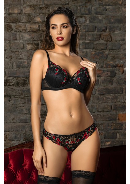 Golshan Grace Mini Slip,normal Bel Kadın Siyah Çiçekli Güpür Külot