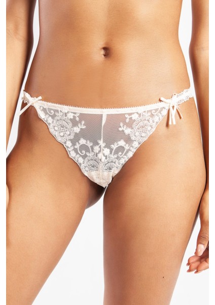 Golshan Giselle Mini String, Kadın Güpürlü Saten Ekru String Külot