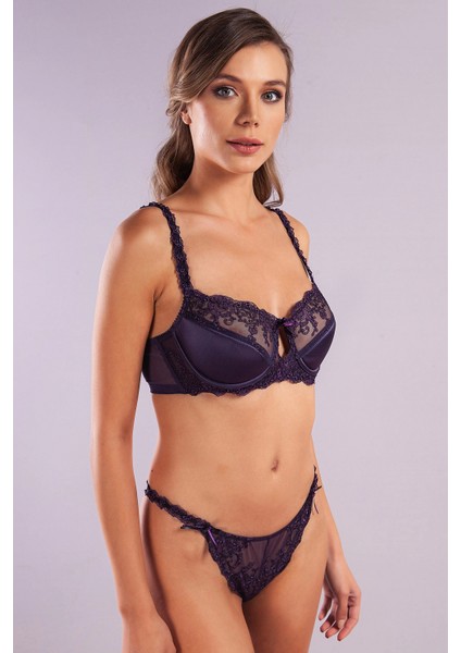 Golshan Giselle Mini String, Kadın Güpürlü Saten Mor String Külot