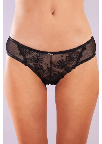Golshan Gaspara Mini Slip, Kadın Güpürlü Tüllü Siyah Normal Kesim Külot