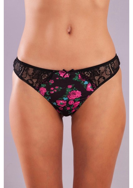 Golshan Gardenia Mini Slip, Kadın Dantelli Çiçek Baskılı Siyah Normal Bel Külot