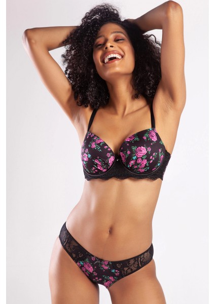 Golshan Gardenia Mini Slip, Kadın Dantelli Çiçek Baskılı Siyah Normal Bel Külot