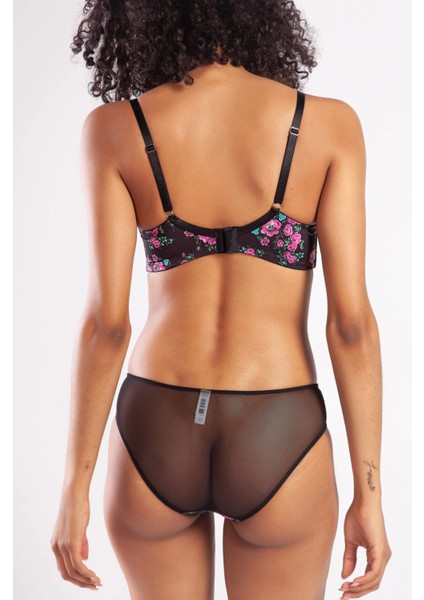 Golshan Gardenia Mini Slip, Kadın Dantelli Çiçek Baskılı Siyah Normal Bel Külot