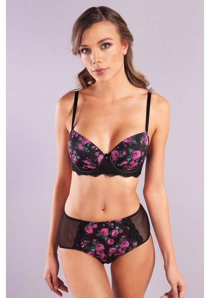 Golshan Gardenia Control Slip, Kadın Dantelli Çiçek Baskılı Siyah Yüksek Bel Külot