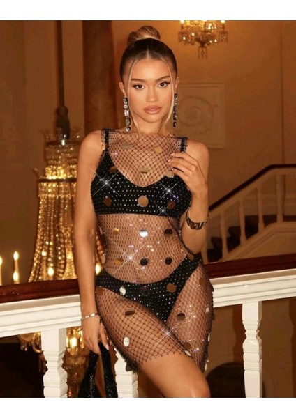 Işıltılı Pullu , Taşlı File Elbise– Kolsuz, Transparan, Parlak Gece Elbisesi