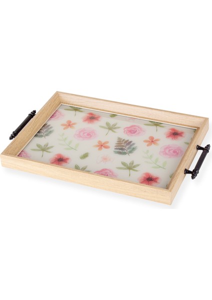 Floral Dikdörtgen Çay Kahve Cam Sunum Tepsisi 31x45cm