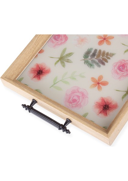 Floral Dikdörtgen Çay Kahve Cam Sunum Tepsisi 31x45cm fiyatları