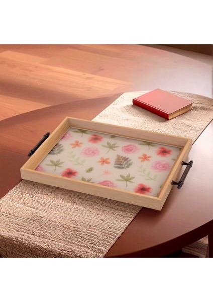 Floral Dikdörtgen Çay Kahve Cam Sunum Tepsisi 31x45cm fırsatları