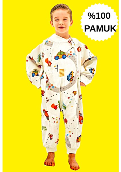 Elyafsız Kışlık Uzun Kollu Çift Kat %100 Pamuk Pazen Arabalı Cocuk Bebek Uyku Tulumu