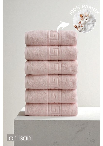 6'lı Pudra Greek El Havlusu - 50X90 Cm, 225 Gr, %100 Pamuk, Spa ve Otel Havlusu, Günlük Kullanıma Uygun
