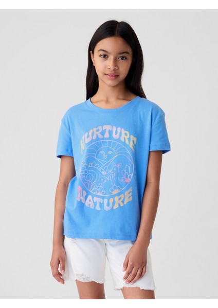 Kız Çocuk Mavi Grafikli T-Shirt