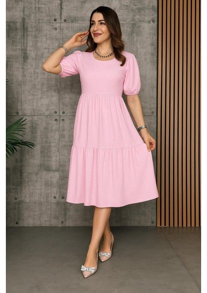 Kadın Kısa Kollu Yakası Açık Katlı Bürümcük Balon Elbise modelleri
