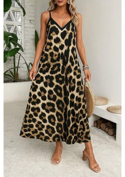 Kadın Ip Askılı Geniş V Yakalı Leopar Desenli Süprem Elbise