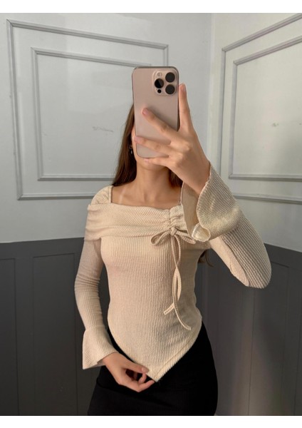 Yeni Ürün Bürümcük Kumaş Asimetrik Kesim Volanlı Uzun Kol Bluz 0025 modelleri