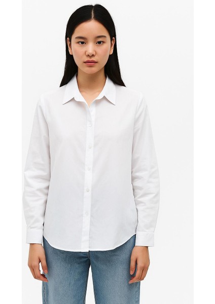 Kadın Slim Fit Dar Kesim Uzun Kollu Pamuklu Vücuda Oturan Dokulu Beyaz Basic Terikoton Gömlek - 20349