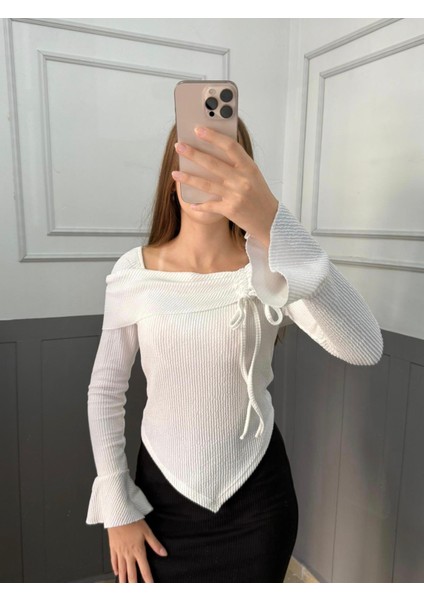 Yeni Ürün Bürümcük Kumaş Asimetrik Kesim Volanlı Uzun Kol Bluz 0025 modelleri