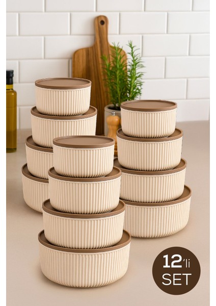 12'li Çizgili Yuvarlak Saklama Kabı Seti Bej