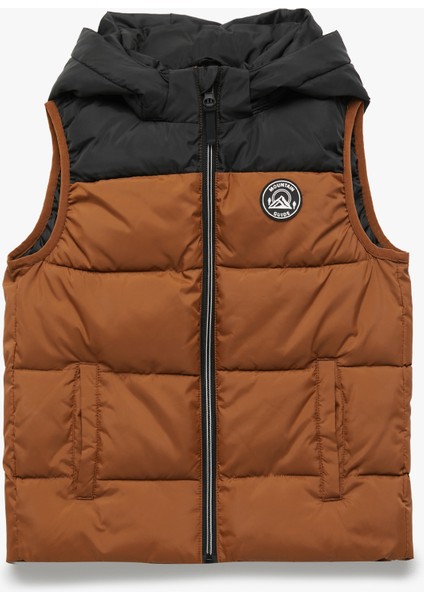 Renk Bloklu Cepli Etiket Detaylı Fermuarlı Kapşonlu Kolsuz Şişme Yelek