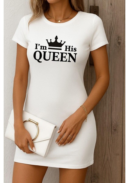 Kadın Kısa Kollu Queen Baskı Iki Iplik Mini Elbise