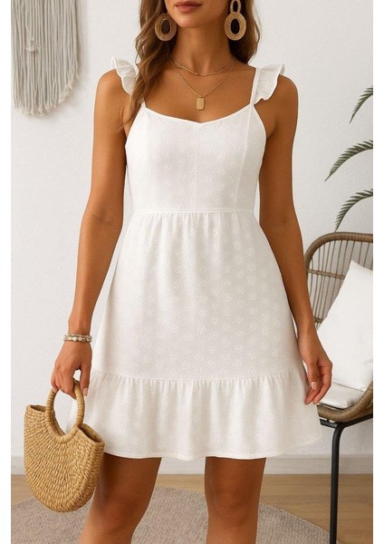 Kadın Omuz Askılı Eteği Volan Detay Brode Elbise