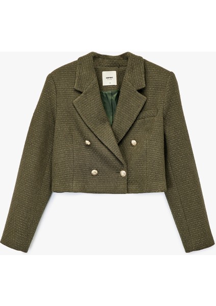 Uzun Kollu Kruvaze Tüvit Crop Blazer Ceket