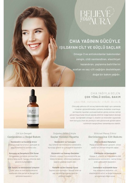 Chia Yağı - %100 Saf ve Doğal Omega 3 Nemlendirici ve Besleyici Cilt ve Saç Bakım Yağı - 10 ml modelleri