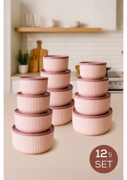 12'li Çizgili Yuvarlak Saklama Kabı Seti Pembe