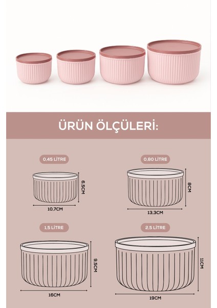 12'li Çizgili Yuvarlak Saklama Kabı Seti Pembe indirimleri