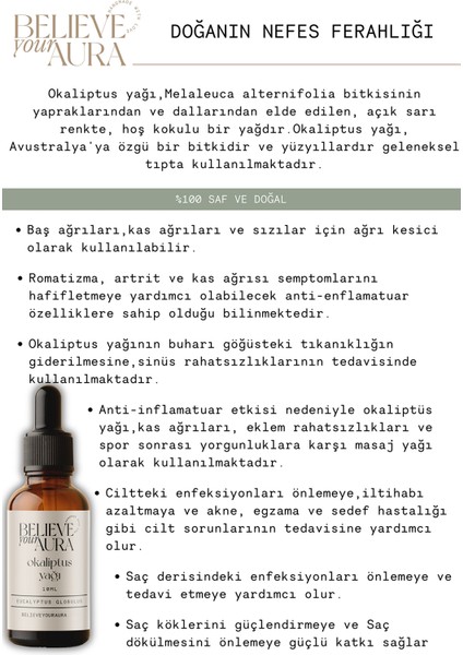 Okaliptus Yağı %100 Saf ve Doğal Cilt ve Saç Bakım Aromaterapi Uçucu Yağı - Eucalyptus Oil - 10 ml fiyatları