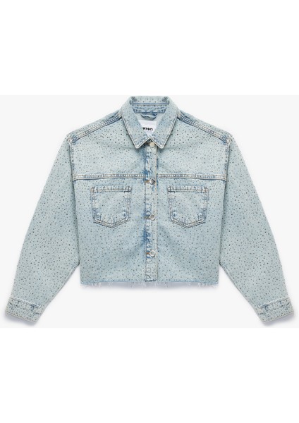 Cep Detaylı Düğmeli Klasik Yaka Taşlı Denim Ceket