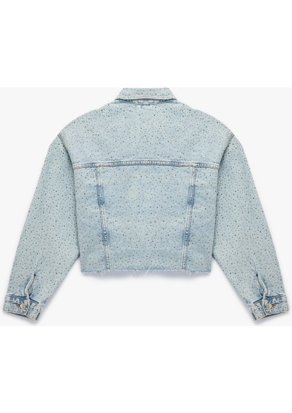 Cep Detaylı Düğmeli Klasik Yaka Taşlı Denim Ceket fiyatları