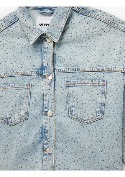 Cep Detaylı Düğmeli Klasik Yaka Taşlı Denim Ceket modelleri
