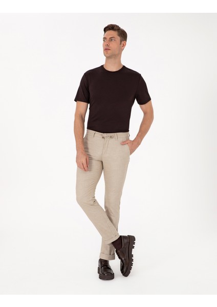 Erkek Bej Slim Fit Kordonlu Kanvas Pantolon 50310829-VR011