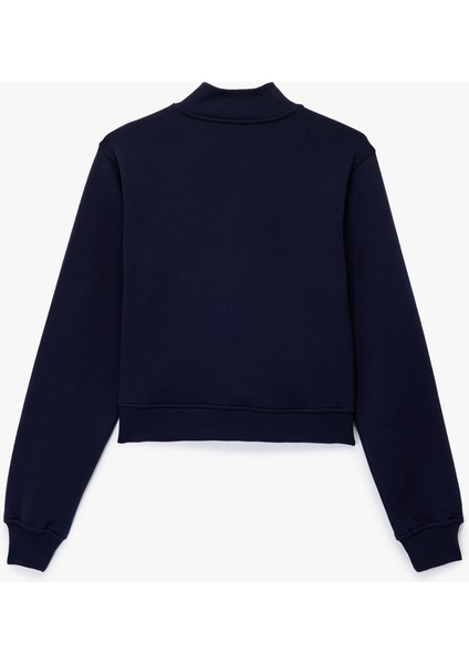 Şardonlu Kolej Temalı Uzun Kollu Dik Yaka Yarım Fermuarlı Crop Sweatshirt fiyatları