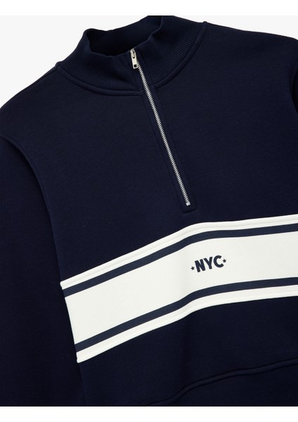 Şardonlu Kolej Temalı Uzun Kollu Dik Yaka Yarım Fermuarlı Crop Sweatshirt modelleri