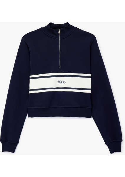 Şardonlu Kolej Temalı Uzun Kollu Dik Yaka Yarım Fermuarlı Crop Sweatshirt