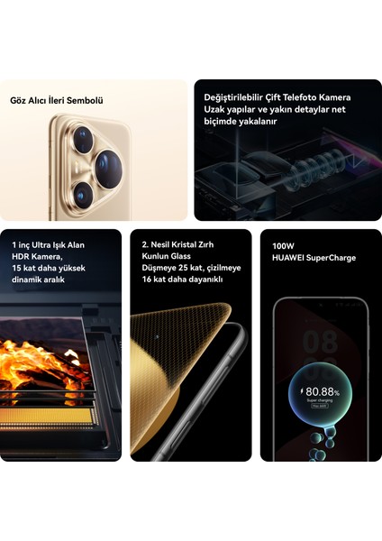 Pura 80 Ultra 512GB 16GB Ram (Huawei Türkiye Garantili) Titan Altın modelleri