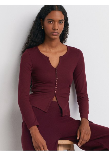 31548 Düğme Detaylı Büzgülü Top-Koyu Bordo