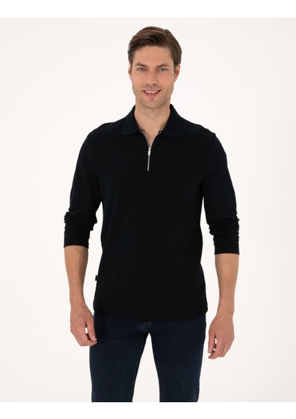 Erkek Siyah Slim Fit Kıvrılmaz Fermuarlı Polo Yaka Basic Pike Sweatshirt 50314046-VR046