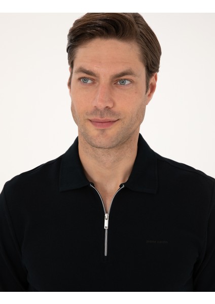 Erkek Siyah Slim Fit Kıvrılmaz Fermuarlı Polo Yaka Basic Pike Sweatshirt 50314046-VR046 fiyatları