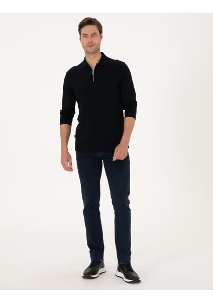 Erkek Siyah Slim Fit Kıvrılmaz Fermuarlı Polo Yaka Basic Pike Sweatshirt 50314046-VR046 fırsatları